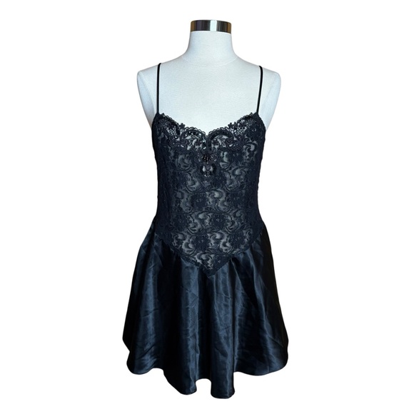 Vintage 90s Cinema Etoile Black Sequin Beaded Sheer Lace Satin Skirt Lingerie M - Picture 2 of 10